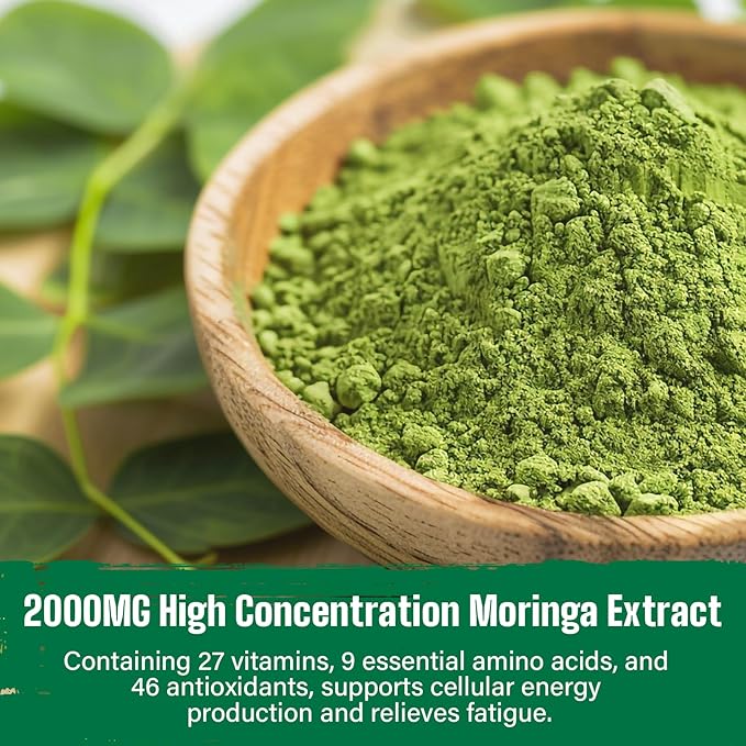 Moringa Powder Organic 2000MG 18 in 1 Moringa Oleifera Leaf Powder with Ashwagandha Rhodiola Turmeric Probiotics for Energy Mood* - Green Superfood - 60 Servings