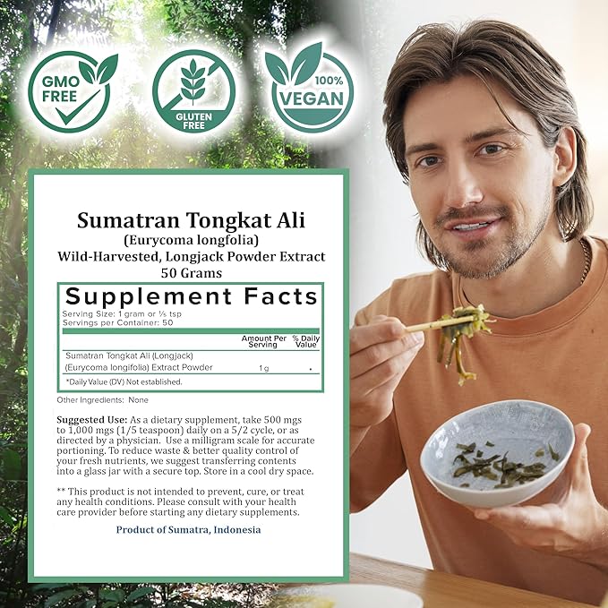 Holistic Bin Tongkat Ali Extract Powder – Premium Longjack Harvested from Sumatran Forests – Herbal – No Fillers or Preservatives – 50 Grams