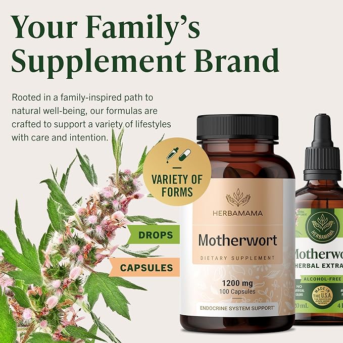 HERBAMAMA Motherwort Capsules – Natural Menopause Supplements* for Women – 1200mg Motherwort Herb Powder per Serving for Women's Mood &amp Calm Support – Vegan Non-GMO – 50-Day Supply