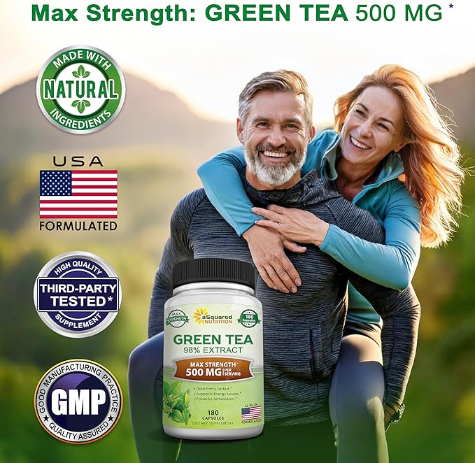 aSquared Nutrition Green Tea Extract with EGCG – 180 Capsules – 500mg per Capsule – 75% Polyphenols 45% EGCG – Antioxidant Support Heart Health Natural Detox – Low Caffeine Supplement