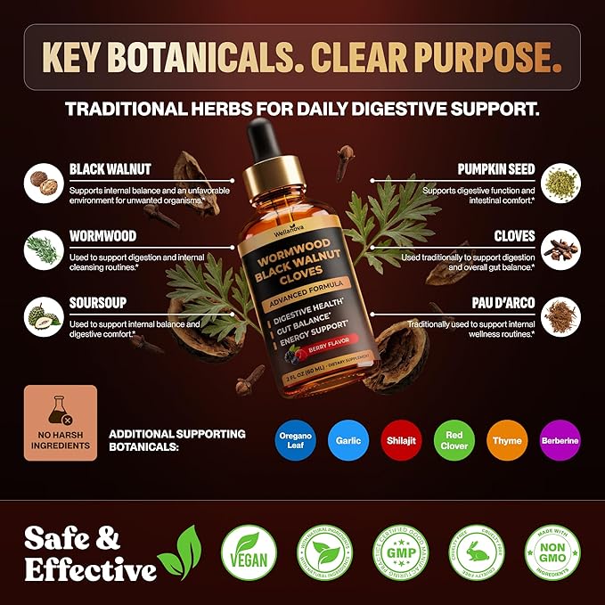 Wormwood Black Walnut Clove Cleanse for Humans - Advanced Detox for Adults - Gut Health Supplement with Wormwood Herb Black Walnut Hull Clove Garlic Pumpkin Seed PAU D'Arco Soursop