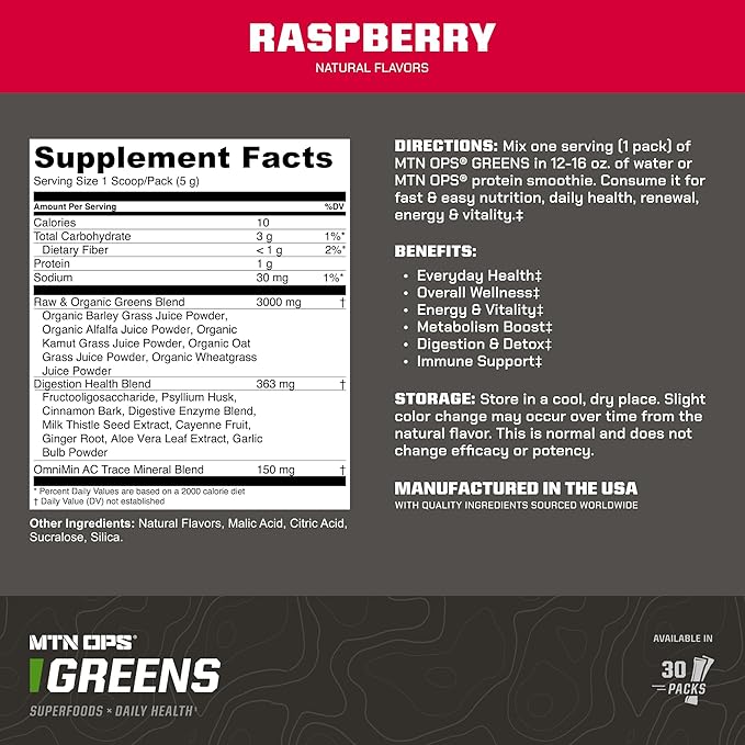 MTN OPS Greens Superfood Drink Mix Daily Greens Powder with Super Greens Chlorophyll Digestive and Immune Support Raspberry Flavor 30 On The Go Stick Packs