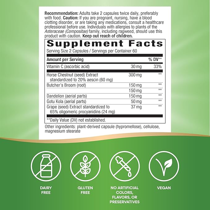 Nature's Way Leg Veins Supports Healthy Leg Vein Strength* 6-Herb Blend With Horse Chestnut Extract Dandelion Gluten Free 120 Vegan Capsules (Packaging May Vary) - 2 Pack