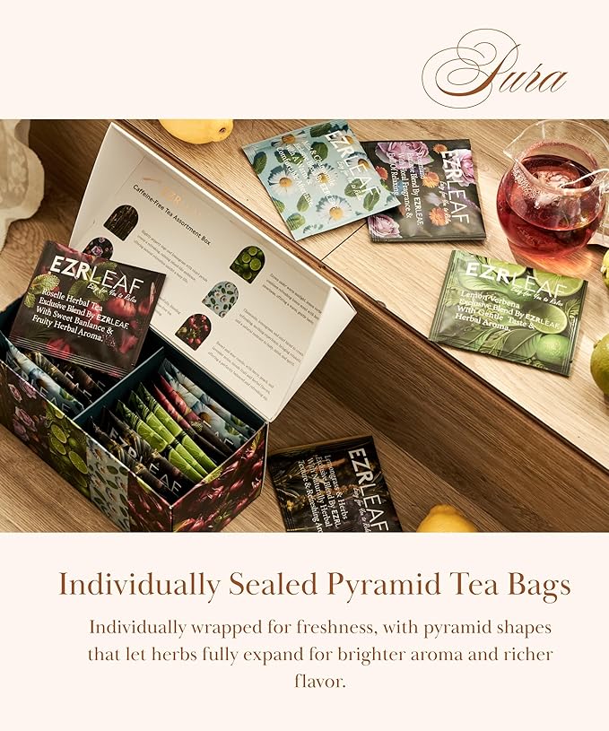 Decaf Herbal Tea Sampler – EZR Leaf 22ct Caffeine-Free Pyramid Bags Assorted Fruit &amp Floral Blends with Lemon Verbena Chamomile Mint Dreamland Roselle – Variety Tea Assotment Gift Set for Tea