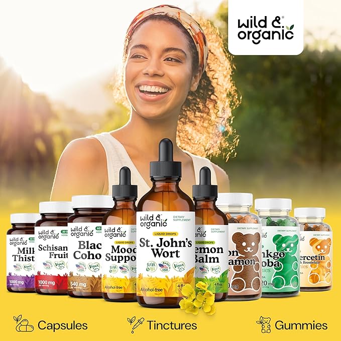 Wild &amp Organic St Johns Wort Tincture - Mood Support - Calming St John's Wort Supplement - Hypericum Perforatum Herbal Liquid Drops - Vegan Sugar &amp Alcohol Free - 4 fl oz