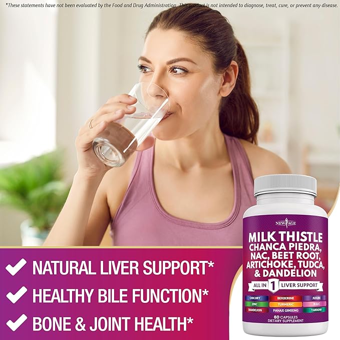 NEW AGE Milk Thistle NAC Chanca Piedra Beet Root Artichoke Dandelion Root Astragalus - Plus TUDCA &amp Ginger - 60 Count