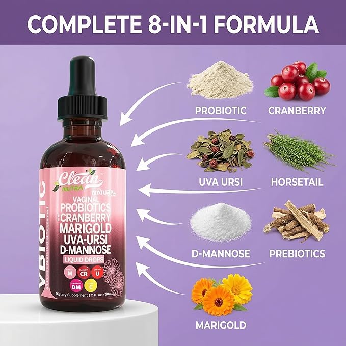 Clean Nutraceuticals VBiotic Vaginal Probiotic for Women Liquid Drops | Cranberry Uva Ursi Horsetail D-Mannose Prebiotics Marigold &amp Black Cohosh Vaginal Health Supplement | pH Balance