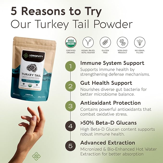 Organic Turkey Tail Mushroom Powder Supplement 10:1 Extract 100g | Trametes Versicolor 100% Fruiting Body | ≥30% Beta-D-Glucans | 60 Servings of 1660mg | Immune Gut &amp Digestive Wellness Support