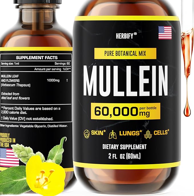 HERBIFY Mullein Extract 2 oz Tincture for Respiratory Health Mullein Leaf and Flowers Blend (Verbascum Densiflorum)