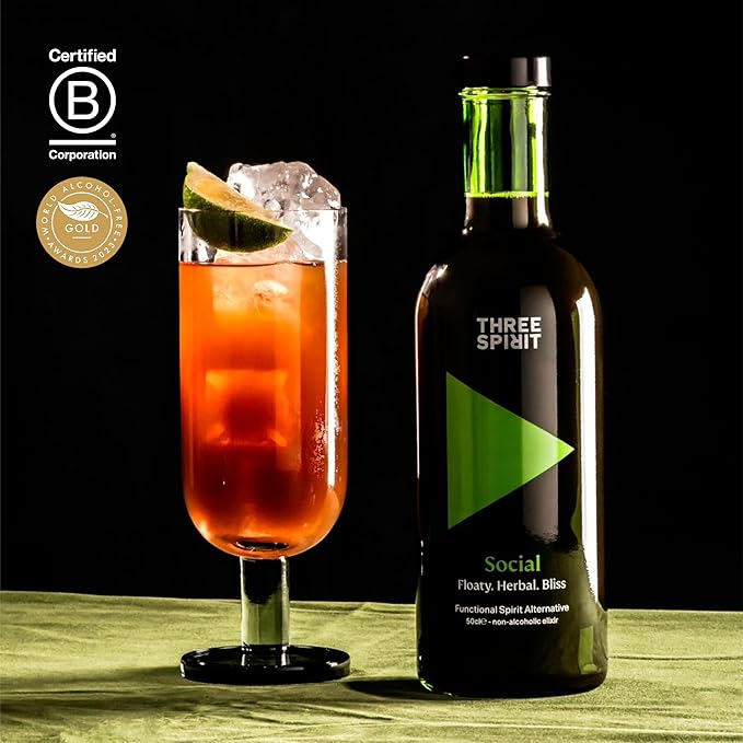 Three Spirit Non-Alcoholic Alternative Spirit - The Social 50cl | Adaptogens Cacao Damiana &amp Lion's Mane | Active Botanical Gluten Free &amp Vegan Drinks