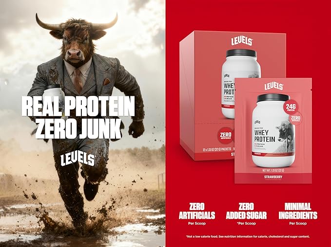 Levels Grass Fed Whey Protein Powder No Artificials 24G of Protein Strawberry 12 Count