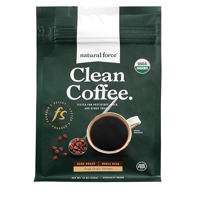 Natural Force - Organic Clean Coffee Dark Mold &amp Mycotoxin Free Lab Tested for Toxins &amp Purity Low Acidity Incredible Taste &amp Aroma Founder's Select Whole Bean Dark Roast 12 oz
