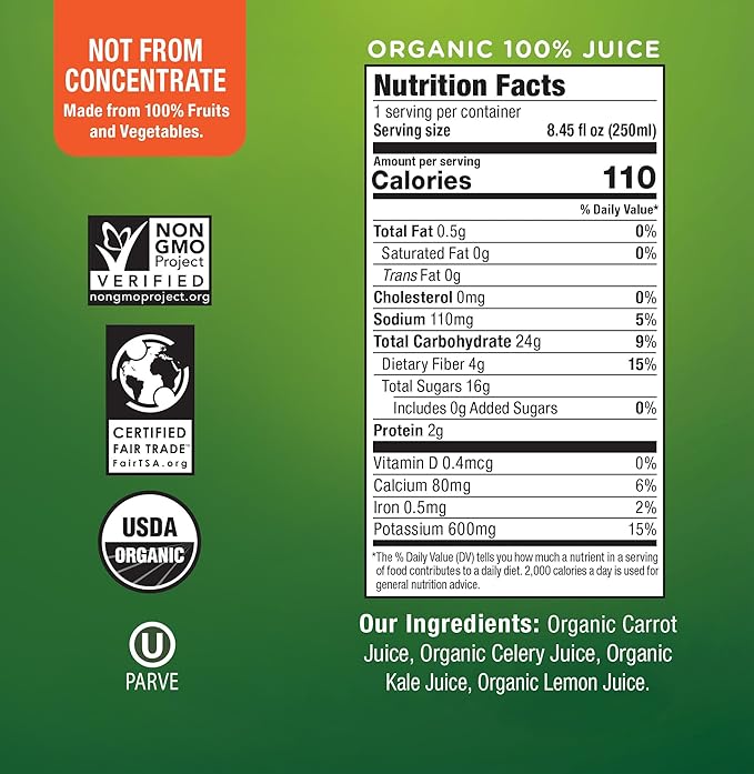Wonder Green 100% Organic Carrot Celery &amp Kale Cold Pressed Juice 8.45 oz (6 Pack) | Vegetable Juice Blend All Natural No Additives or Preservatives Not from Concentrate