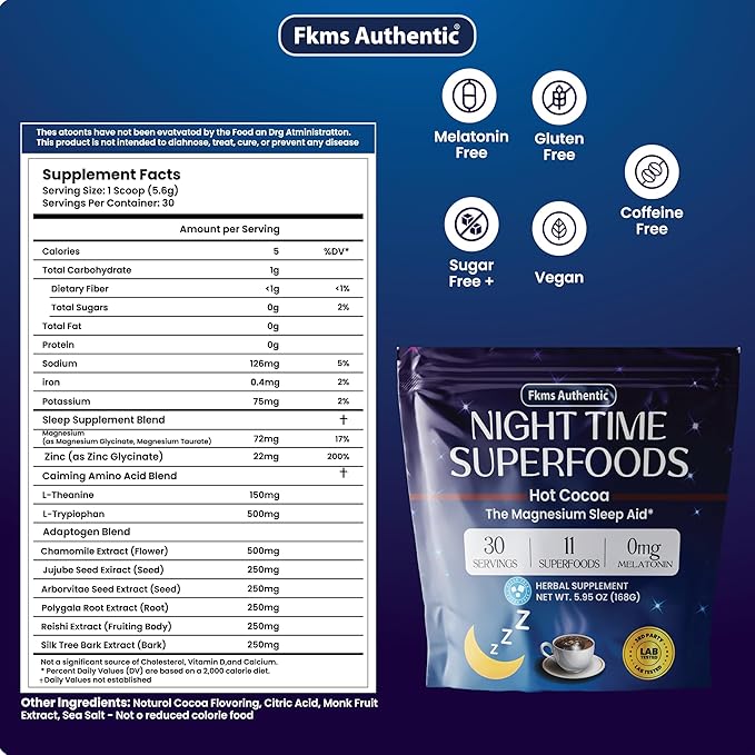 FKMS Authentic Nighttime Magnesium Hot Cocoa Calming Melatonin-Free Sleep Support Natural Sleep Aid Drink Mix for men &amp Woman - Hot Chocolate Powder with L-Theanine Chamomile and Zinc Magnesiu