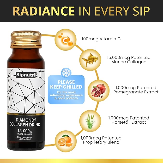 Diamond Marine Collagen Drink for Women and Men 15000mg Hydrolyzed Collagen Peptides with Vitamin C Pomegranate Healthy Hair Skin Nails Joints Bones Support 50 ml x 10 Bottles