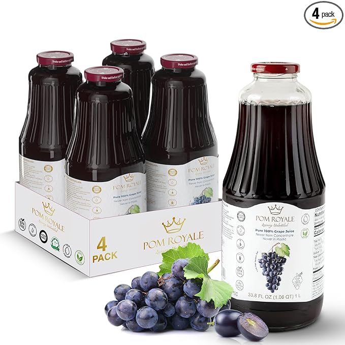 Pure Grape Juice 33.8oz Glass Bottle (Pack of 4) Cold Pressed Juice Not from Concentrate Non-GMO No Sugar Added Gluten Free Preservative Free