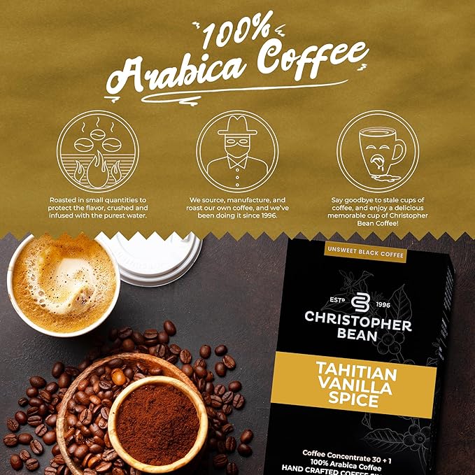 Christopher Bean Coffee - 396 servings 30 to 1 Blend Bag in Box Liquid Instant Coffee or Cold Brew Coffee Concentrate - Hot or Iced Coffee - Tahitian Vanilla Spice