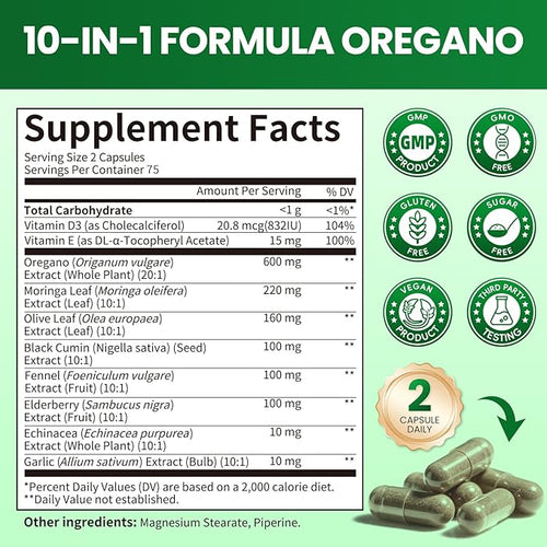 2PCS Oil of Oregano with Black Seed Oil - Oregano Oil Capsules Organic | Moringa Garlic Olive Elderberry Echinacea Fennel - 95% High Carvacrol Oregano for Immune Digestive Support - 300 Capsules