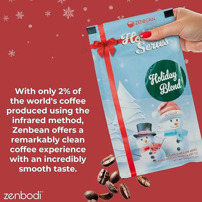 Zenbean Holiday Series Holiday Blend - Flavored Holiday Coffee Medium Grind Infrared Roasted Arabica Coffee Low Acid with Rhodiola Rosea and L-Theanine Makes 20 Servings 12 Ounce Bag