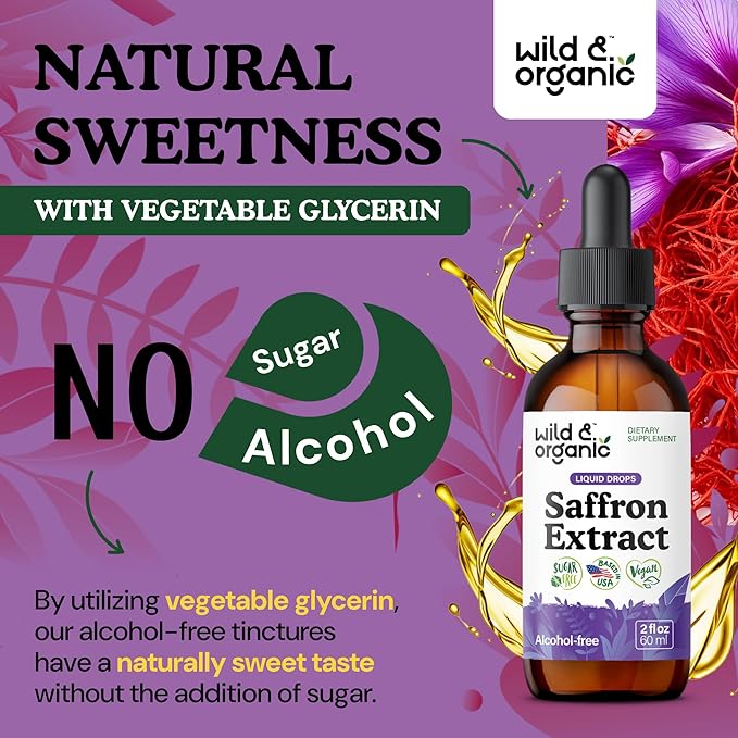Wild &amp Organic Saffron Supplements 88.5 mg - Saffron Drops for Mood Brain Vision Support - Crocus Sativus Liquid Extract - Vegan Sugar &amp Alcohol-Free Tincture - 2 fl oz