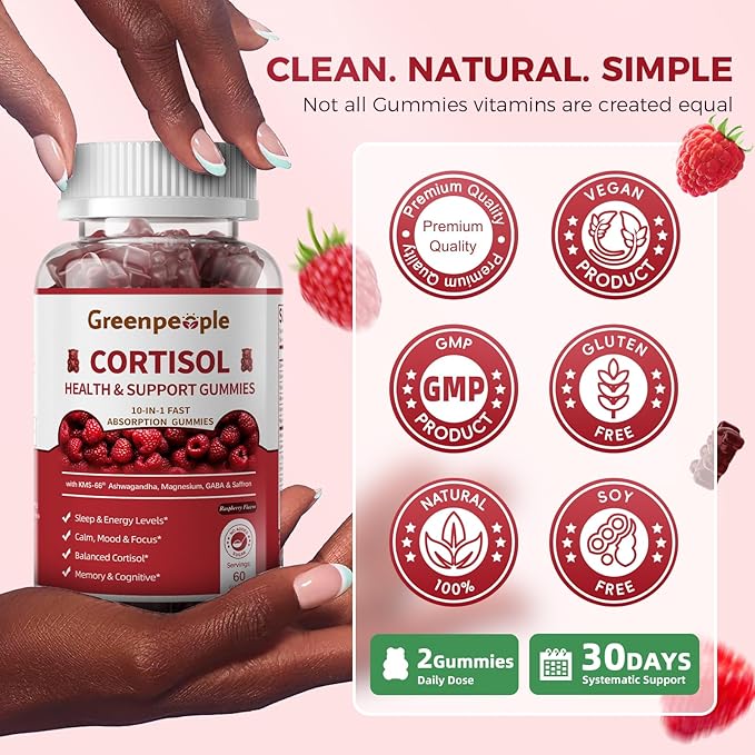 GREENPEOPLE Cortisol Supplements for Women &amp Men - Cortisol Reducer Detox Manager w/KSM-66 Ashwagandha/Magnesium/L-theanine/GABA/Vitamin B6 for Mood/Sleep/Stress Relief 60 CT Raspberry Flavor Gumm