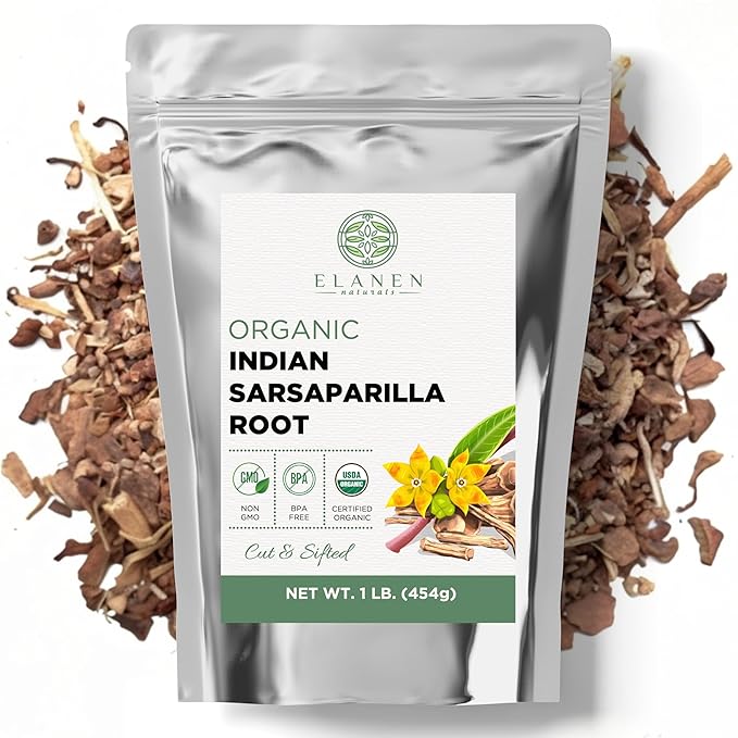 Elanen Naturals Organic Sarsaparilla Root 1 lb. (16 oz) USDA Certified Organic Indian Sarsaparilla Tea Hemidesmus Indicus Sasparilla Sarsparilla Zarzaparrilla Cut &amp Sifted
