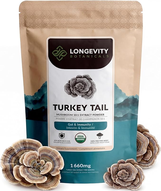 Organic Turkey Tail Mushroom Powder Supplement 10:1 Extract 100g | Trametes Versicolor 100% Fruiting Body | ≥30% Beta-D-Glucans | 60 Servings of 1660mg | Immune Gut &amp Digestive Wellness Support