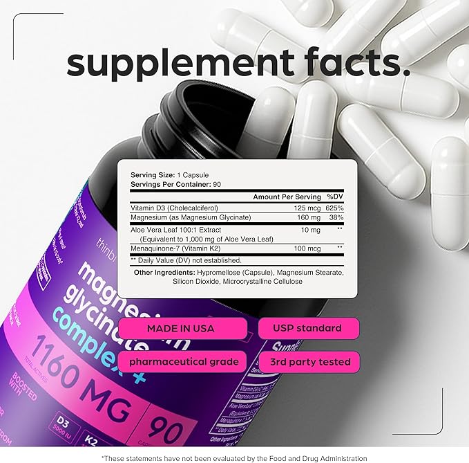 Magnesium Glycinate 1160mg + Aloe Vera D3 &amp K2 Complex 90 Capsules - High Absorption Non-Laxative - Supports Muscle Function &amp Healthy Metabolism Chelated Formula