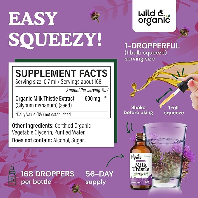 Wild &amp Organic Milk Thistle Liquid Drops - Liver Cleanse Detox - Silymarin Milk Thistle Supplement for Liver Support - Silybum Marianum Seed Extract Tincture - Vegan Sugar &amp Alcohol-Free - 4