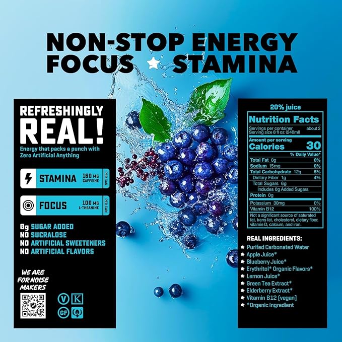 RIOT Clean Energy Drink – Berry | No Sucralose No Sugar Added No Artificial Flavors | 160mg Natural Caffeine + 100mg L-Theanine | Clean Focus Stamina &amp Smooth Energy | 16 Fl Oz (Pack of 12)