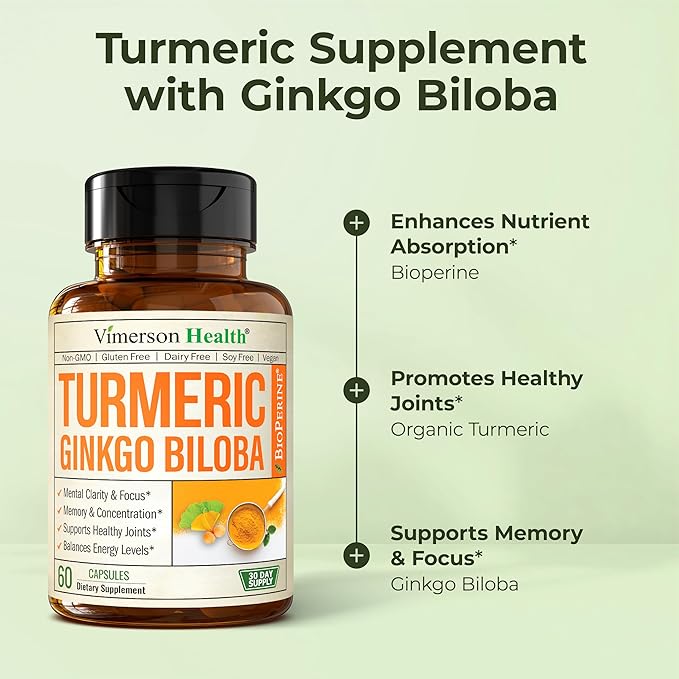 Ginkgo Biloba and Turmeric Curcumin Supplement with Black Pepper &amp Organic Tumeric – Natural Turmeric Supplement for Focus Memory Joint &amp Brain Health – 60 Vegan Ginko Biloba Capsules with C