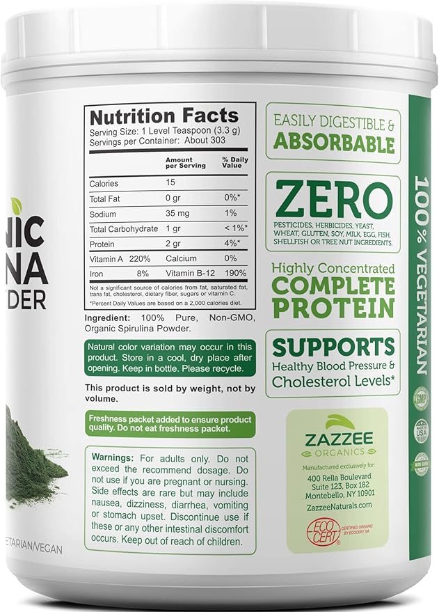 Zazzee USDA Organic Spirulina Powder 2.2 Pounds (1 KG) 303 Servings Certified Kosher 100% Pure Non-Irradiated Mess-Free Wide Mouth Container Fresh Smell and Neutral Taste Non-GMO Made in USA