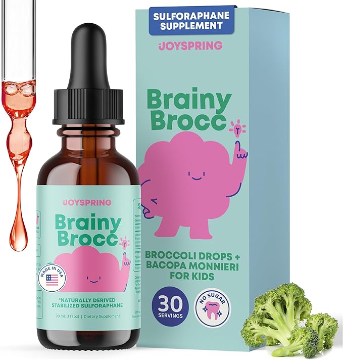 JoySpring Broccoli Supplement for Kids | Sulforaphane &amp Bacopa Monnieri Drops | Supports Cognitive Function | Vegan &amp Kid-Friendly