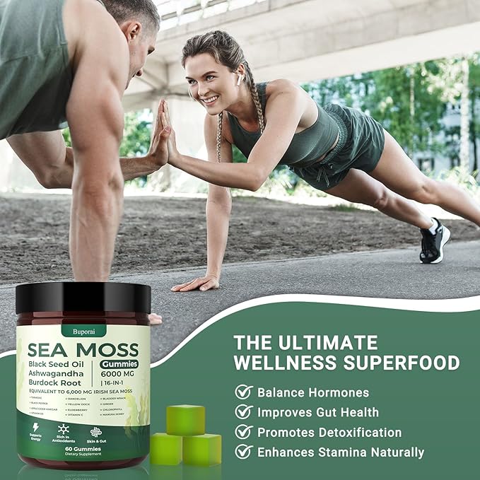 Sea Moss Gummies 16-1 Black Seed Oil Ashwagandha Turmeric Bladder Wrack Vitamin C Vitamin D3 Elderberry Manuka Dandelion Yellow Dock Apple Cider Vinegar for Men &amp Women