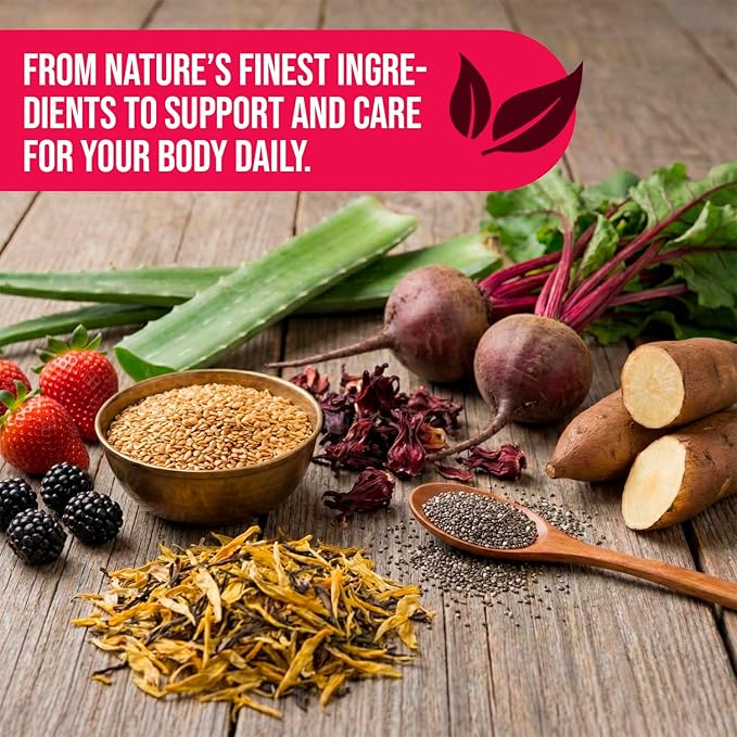 Fiber Plus – Digestive Support Tea Blend with Yellow Tea Flaxseed Chia &amp Aloe Vera. Natural Fiber &amp Herbal Infusion with Strawberry BlackBerry &amp Beetroot. Stevia Sweetened - 30 Servings