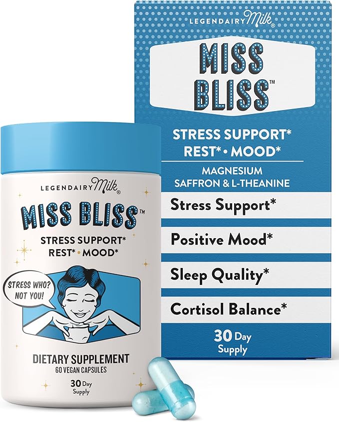 Legendairy Milk Miss Bliss™ Stress Support for Women – Stress Relief Supplement with affron® Saffron Magnesium Glycinate + Citrate &amp L-Theanine – Calm &amp Mood Balance Non-Drowsy 60 Vegan Cap