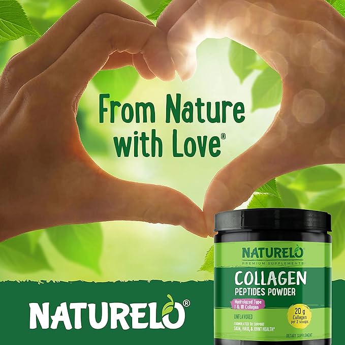 NATURELO Collagen Peptide Powder Hydrolyzed Collagen Type I &amp III Skin Hair &amp Joint Health - Unflavored 16 Ounces | 45 Servings