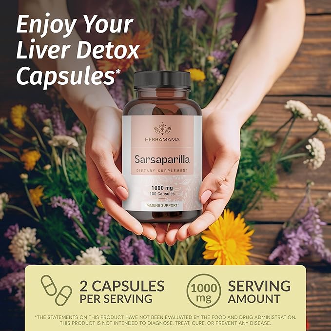 HERBAMAMA Sarsaparilla Root Capsules - 1000mg Sarsaparilla Powder for Herbal Liver Cleanse Support - Vegan Non-GMO Smilax Liver Supplement