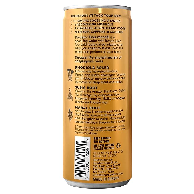 Predator Endurace Gold - Apple Peach - Adaptogens: Rhodiola Rosea Leuzea Root Suma Root - No Sugar and No caffeine -12-pack