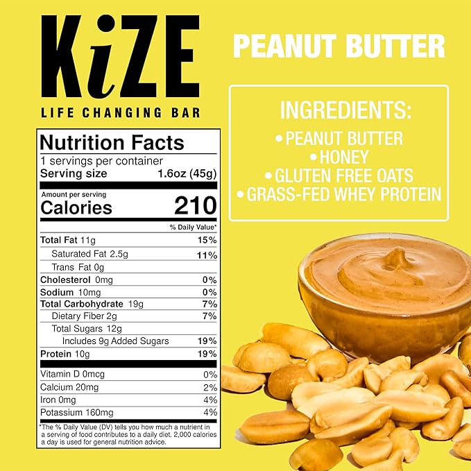KiZE Energy Bars - Peanut Butter - 30-Count - Gluten Free Non-GMO and High Protein Meal Replacement Energy Bars Clean and Simple Food Ingredients - 10g High Protein Snacks (30 Count)
