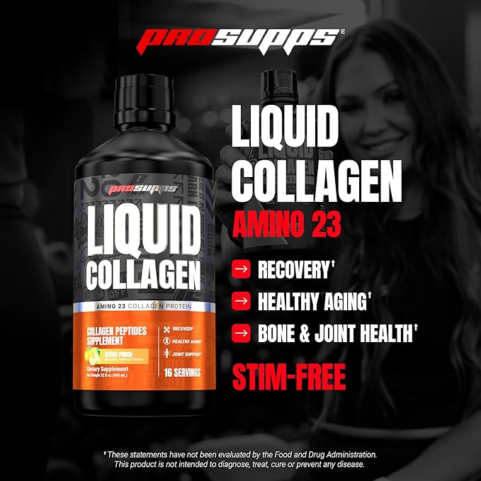 ProSupps Amino23 Liquid Collagen Shots Citrus Punch - Collagen Peptide Post Workout Supplement Supports Healthy Aging Joints Skin &amp Hair - Gluten-Free &amp Zero Sugar - 16 Servings
