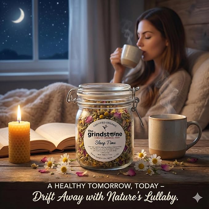 Grindstone Organic Sleep Time Tea – Herbal Infusion with Valerian Root Chamomile &amp Lemon Balm – Loose Leaf Tea in PET Kilner Jar – Relaxing Bedtime Blend – Pack of 2