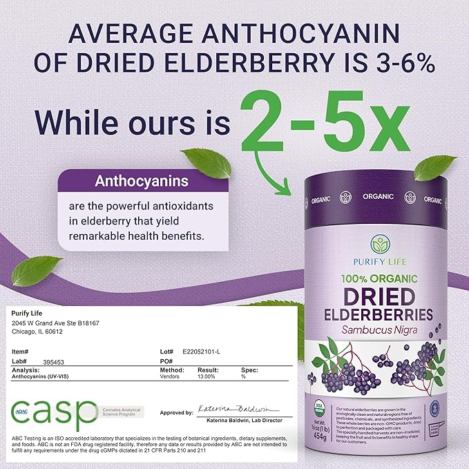 USDA Organic Dried Elderberries 1lb Bulk (Safest Packaging Resealable Bag BPA-Free Scoop) Natural non-irradiated Raw Whole Black Elderberry Immune Support Make Sambucus Elderberry Syrup 1 Pound