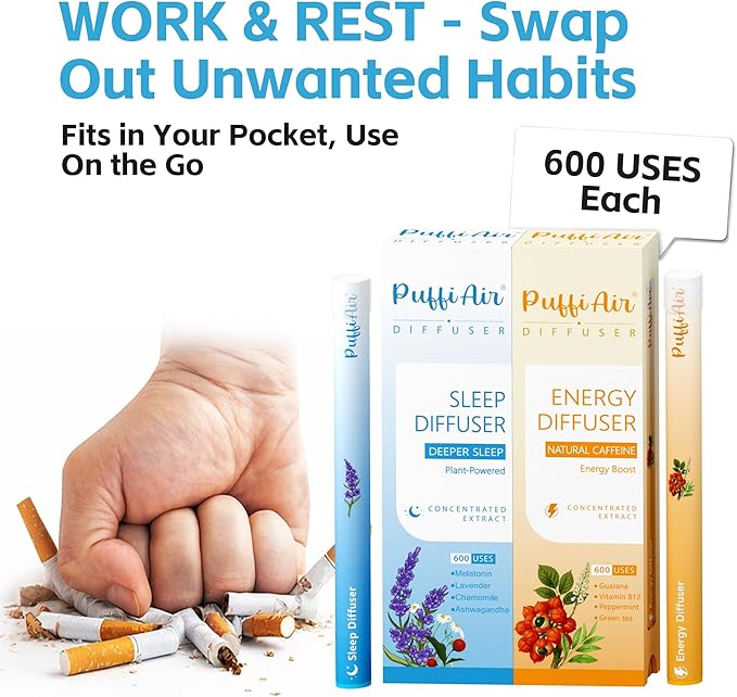 Herbal Diffuser Duo Sleep and Energy Diffuser with Extracts of Melatonin &amp Natural Caffeine 100% Natural Swap Work &amp Rest Duo 600 Uses Each