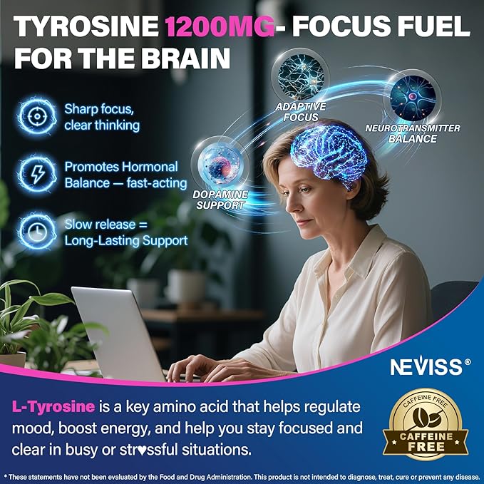 L Tyrosine Gummies Supplement 1200mg GABA L-Theanine Supplement 200mg with Magnesium Glycinate Vitamin B6 D3 &amp C - Calm &amp Focus Gummies - Brain Supplements for Memory Mood &amp Relax for A