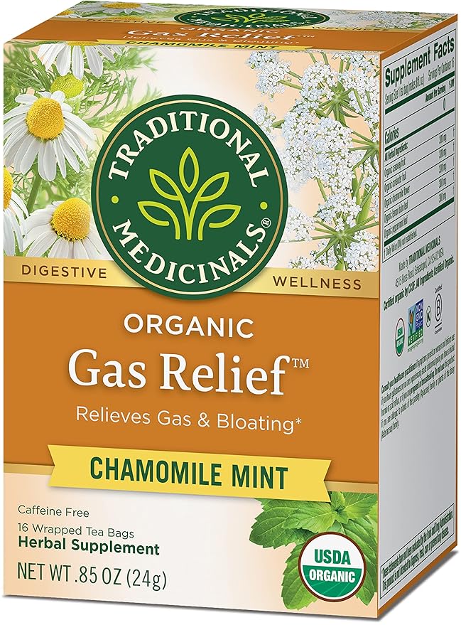 Traditional Medicinals Organic Gas Relief Chamomile Mint Herbal Tea Relieves Gas &amp Bloating (Pack of 3) - 48 Tea Bags Total