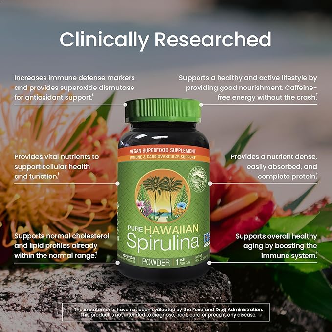 Nutrex Hawaii Pure Hawaiian Spirulina Powder - Vegan Superfood Farm Grown Non-GMO Immune Support &amp Cellular Energy 90 Day Supply 9.53 Oz