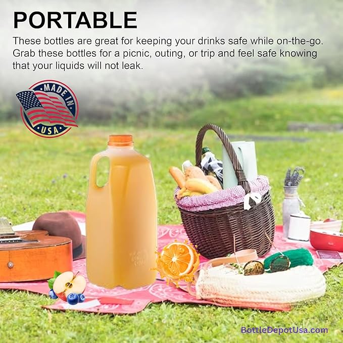 64 Oz Empty Juice Bottles (Pack Of 12 x 64 Oz Ea) With Orange Tamper Evident Screw Caps – Great for Homemade Juices Milk Smoothies Tea and Other Beverages - Food Grade BPA Free