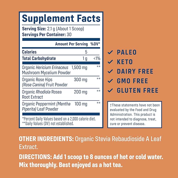 NativePath Native Mind Organic Adaptogen Herbal Support Blend - Organic Mushroom Drink Powder with Lion's Mane Rhodiola &amp Rose HIPS - 30 Servings