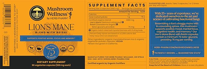 Mushroom Wellness Lion’s Mane Blend with Reishi: Organic Lion's Mane &amp Reishi Mushroom Capsules Mushroom Powder Supplement Supports Cognitive Health Memory and Mental Focus 90 Vegan Capsules